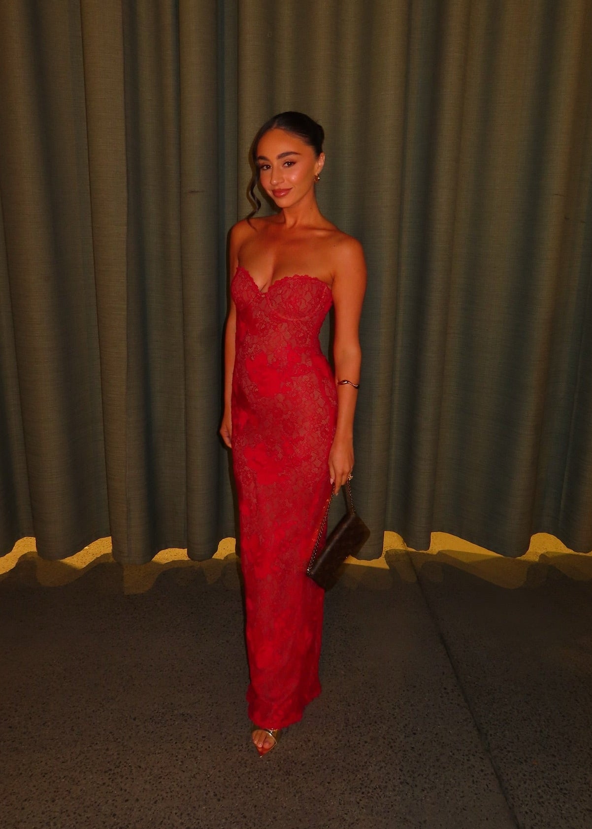 House of CB red lace maxi dress for hire Brisbane