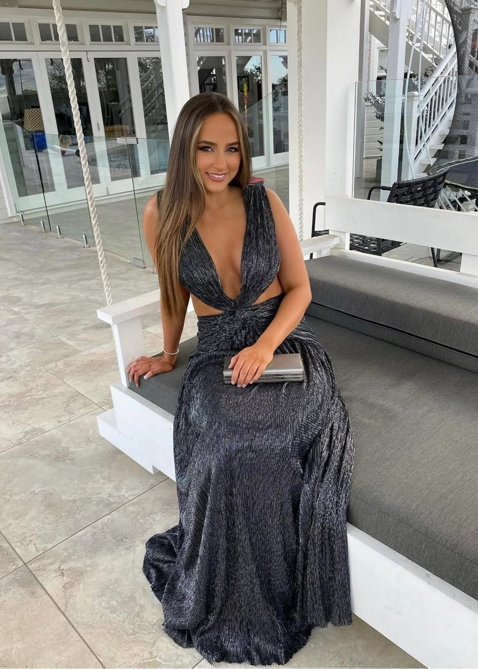 Lurex Sleeveless Cut-Out Gown - Black - Paloma Dress Hire