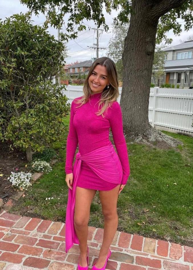 Textured Wrap Dress- Fuschia - XS