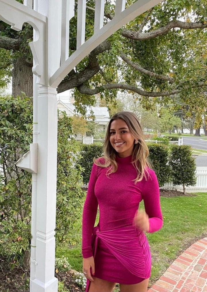 Textured Wrap Dress- Fuschia - XS