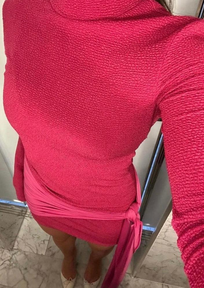 Textured Wrap Dress- Fuschia - XS