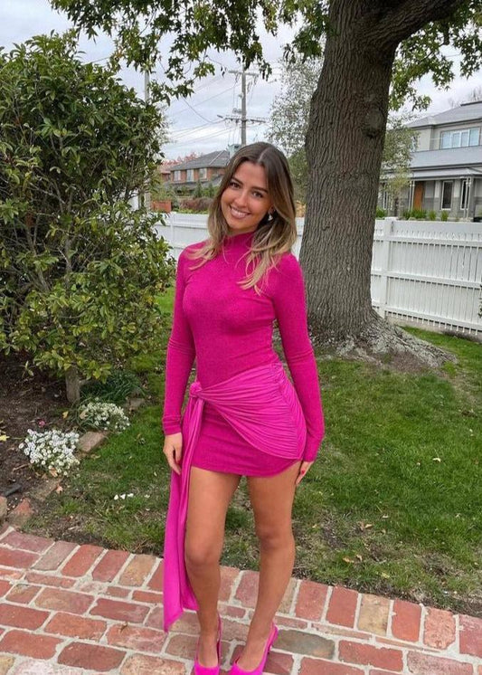 Textured Wrap Dress- Fuschia - XS